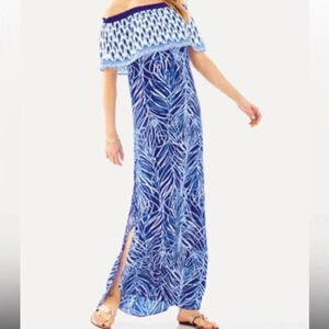 Lilly Pulitzer Alicia Off The Shoulder Maxi Dress Womens S Twilight Blue Parrot
